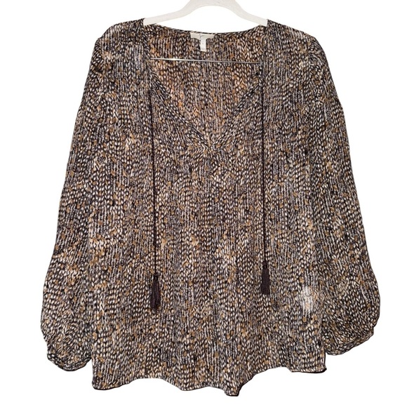 JOIE Brown Gold Dot Tassel Tribal Flowy Light Top Shirt 100% Silk Size Small - Picture 1 of 15